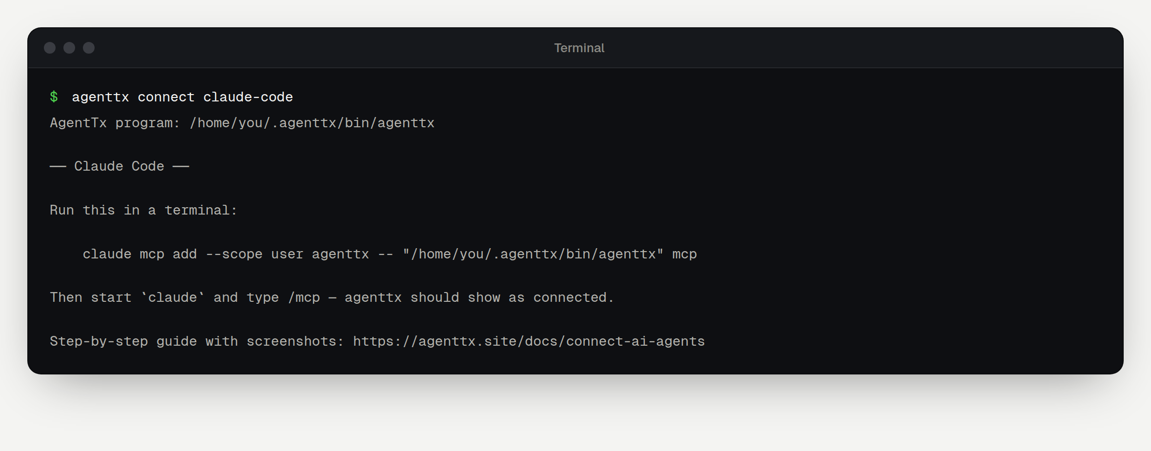 Terminal showing agenttx connect claude-code printing a ready-to-copy command