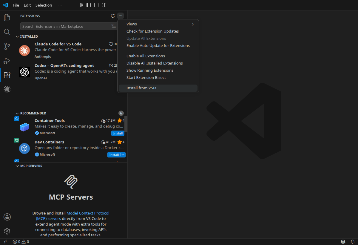 The Extensions view in VS Code with the ⋯ menu open and "Install from VSIX..." highlighted