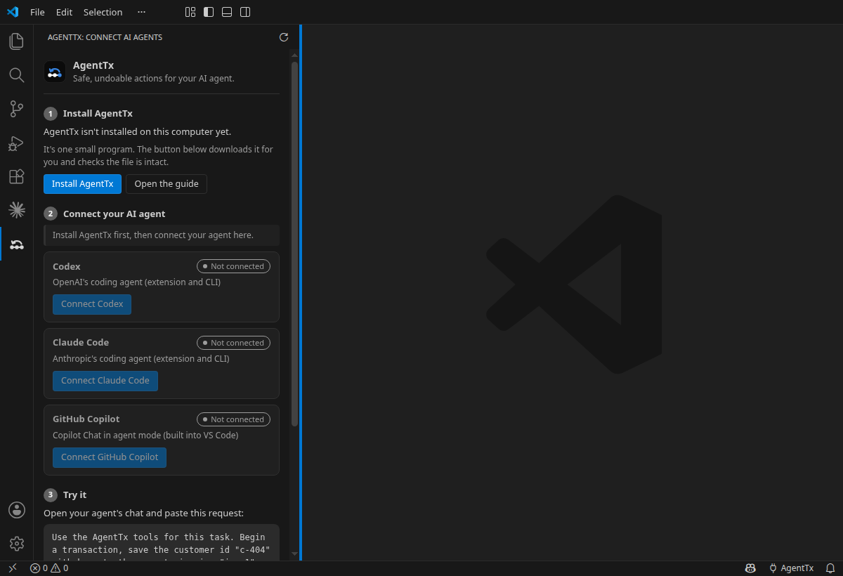The AgentTx panel in VS Code showing step 1 "Install AgentTx" with an Install AgentTx button, and the Codex, Claude Code and GitHub Copilot cards