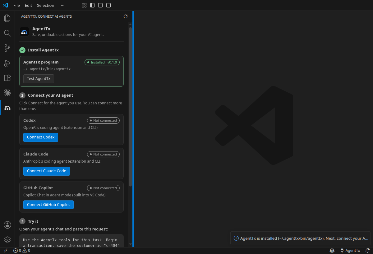 The AgentTx panel after installing, with a green "Installed · v0.1.0" label and a message saying AgentTx is installed