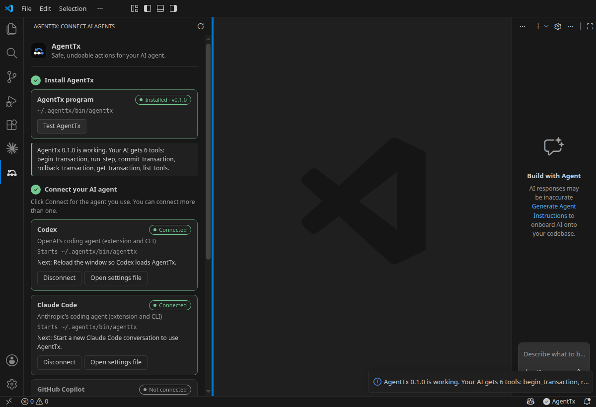 A green message under Test AgentTx saying AgentTx 0.1.0 is working and listing six tools