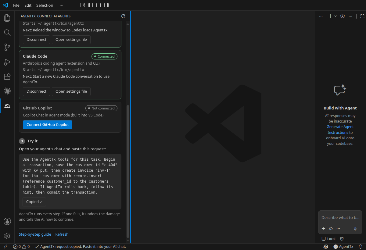 Step 3 "Try it" with the example request and a "Copied" button
