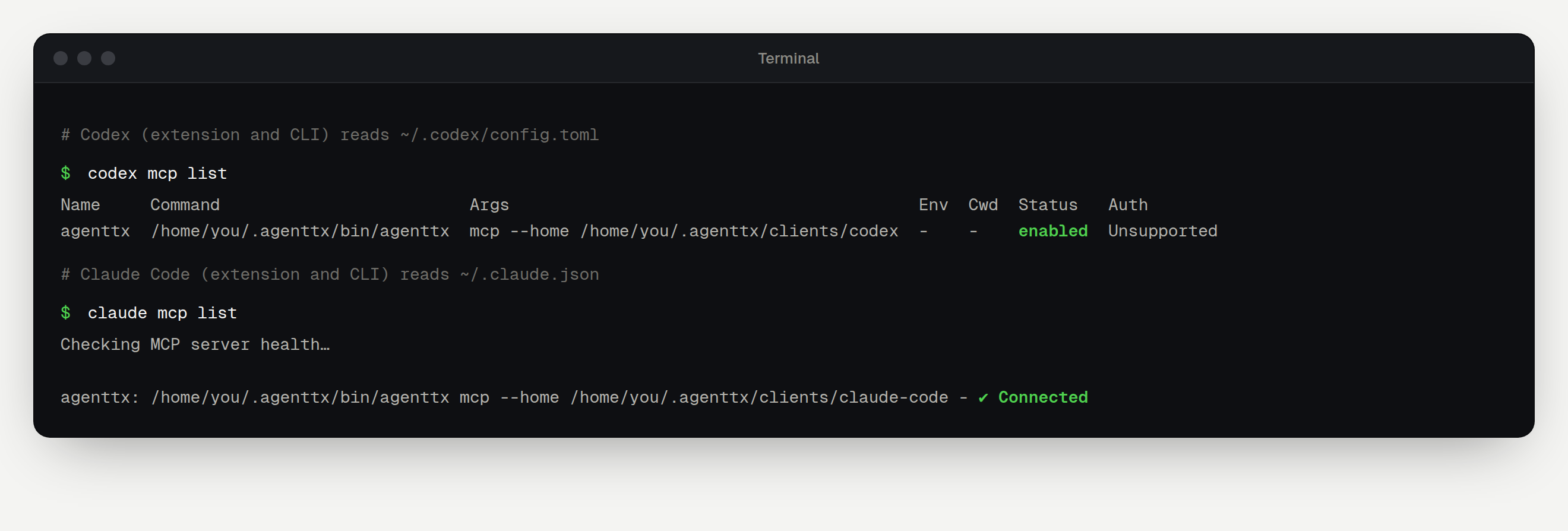 Terminal showing codex mcp list with agenttx enabled and claude mcp list with agenttx connected